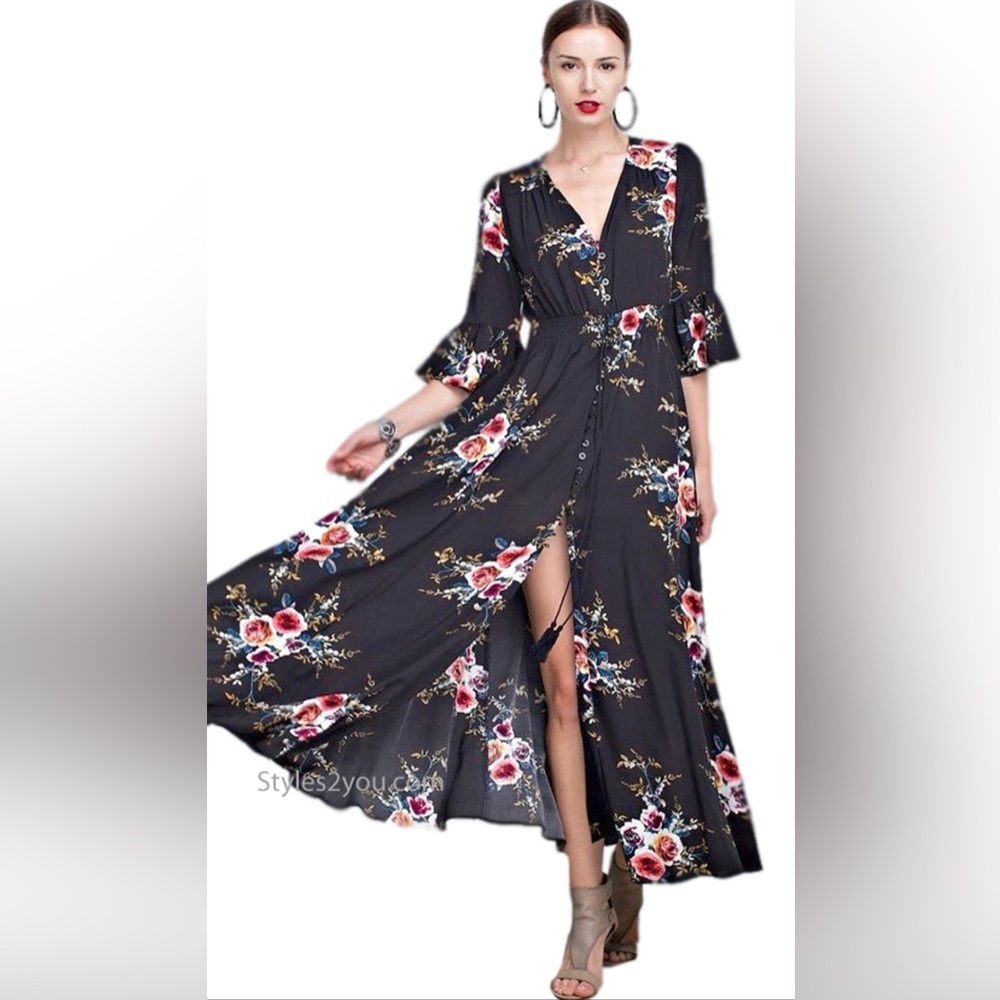 Easel Pink Red Maxi Sundress with V-Neck